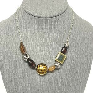 SAO Avon Art Glass 17" Necklace Faux Amber Foil Bead Ceramic Silver Tone Beads